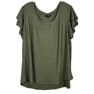 Worthington Dark Green Shimmer Ribbed Knit Ruffle Sleeve Blouse Top XL Stretch